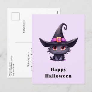 Cute Black Cat Wearing a Witch's Hat Halloween Holiday Postcard