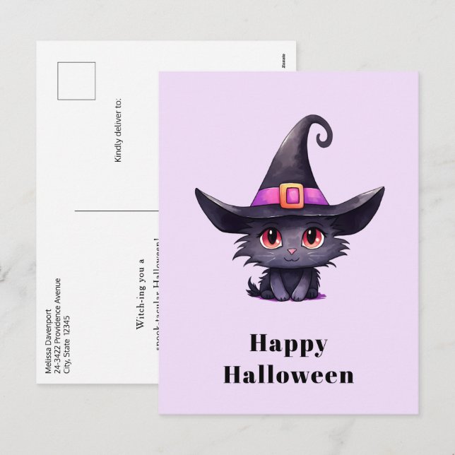 Cute Black Cat Wearing a Witch's Hat Halloween Holiday Postcard (Front/Back)