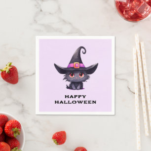 Cute Black Cat Wearing a Witch's Hat Halloween Napkins