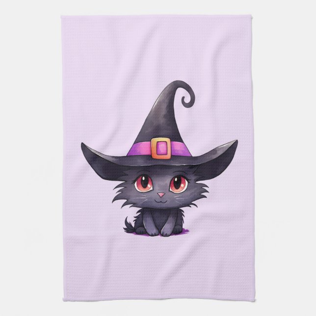 Cute Black Cat Wearing a Witch's Hat Kitchen Towel (Vertical)