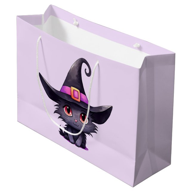 Cute Black Cat Wearing a Witch's Hat Large Gift Bag (Front Angled)