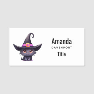 Cute Black Cat Wearing a Witch's Hat Name Tag