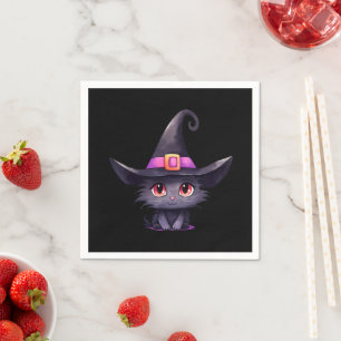 Cute Black Cat Wearing a Witch's Hat Napkins