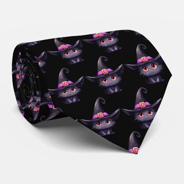 Cute Black Cat Wearing a Witch's Hat Pattern Neck Tie (Rolled)