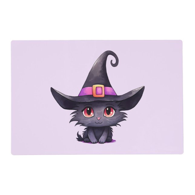 Cute Black Cat Wearing a Witch's Hat Placemat (Front)