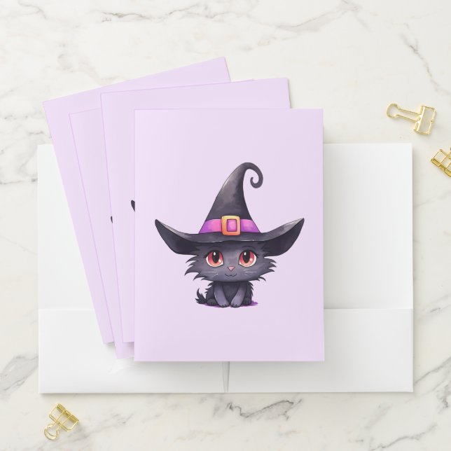 Cute Black Cat Wearing a Witch's Hat Pocket Folder (In Situ)