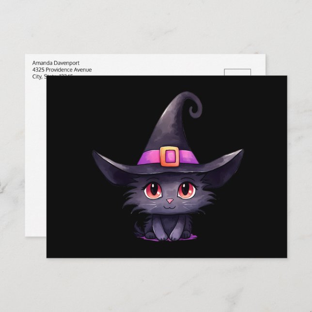 Cute Black Cat Wearing a Witch's Hat Postcard (Front/Back)