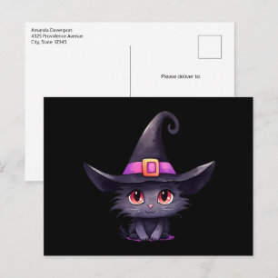 Cute Black Cat Wearing a Witch's Hat Postcard