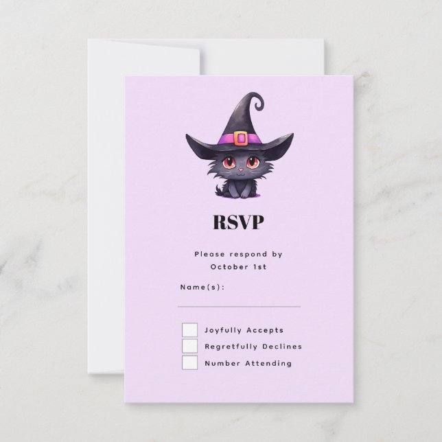 Cute Black Cat Wearing a Witch's Hat RSVP Card (Front)