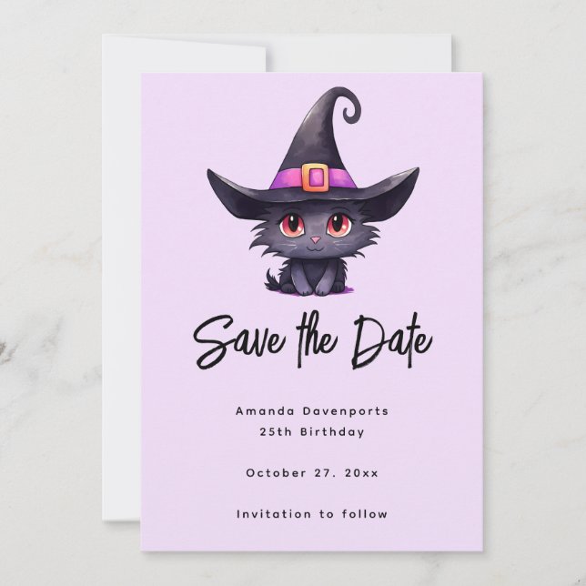 Cute Black Cat Wearing a Witch's Hat Save The Date (Front)