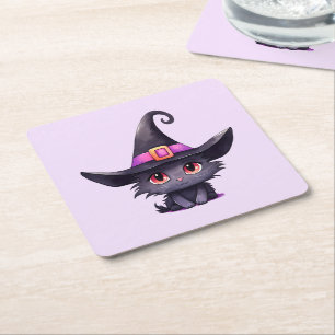 Cute Black Cat Wearing a Witch's Hat Square Paper Coaster
