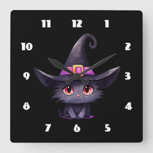 Cute Black Cat Wearing a Witch's Hat Square Wall Clock