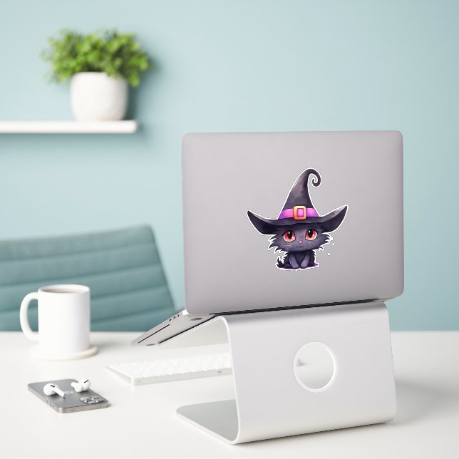 Cute Black Cat Wearing a Witch's Hat Sticker (Laptop On Desk)