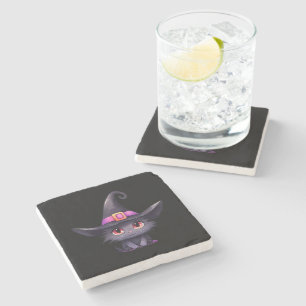 Cute Black Cat Wearing a Witch's Hat Stone Coaster