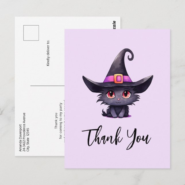 Cute Black Cat Wearing a Witch's Hat Thank You Postcard (Front/Back)