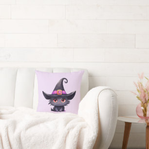 Cute Black Cat Wearing a Witch's Hat Throw Pillow