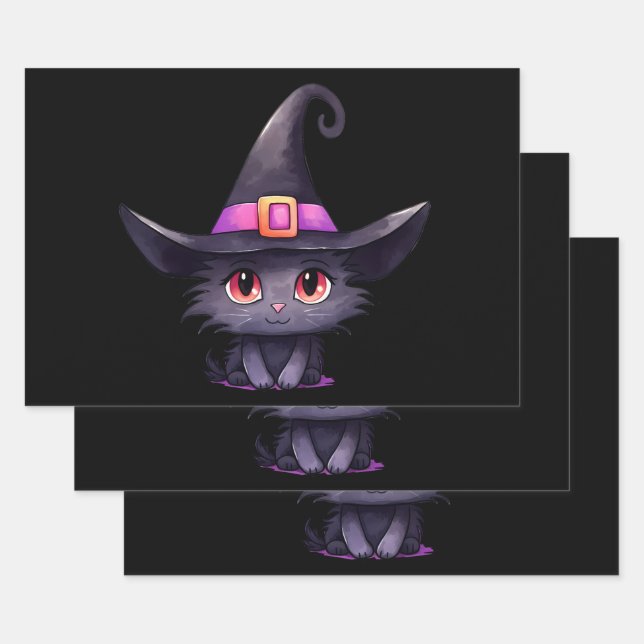 Cute Black Cat Wearing a Witch's Hat Wrapping Paper Sheets (Set)