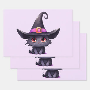Cute Black Cat Wearing a Witch's Hat Wrapping Paper Sheets