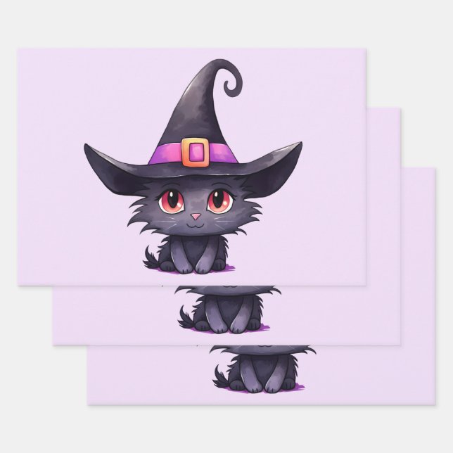 Cute Black Cat Wearing a Witch's Hat Wrapping Paper Sheets (Set)