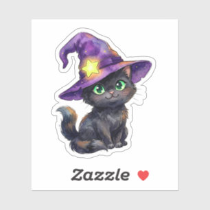 Cute Black Cat Wearing Witch Hat Halloween Sticker