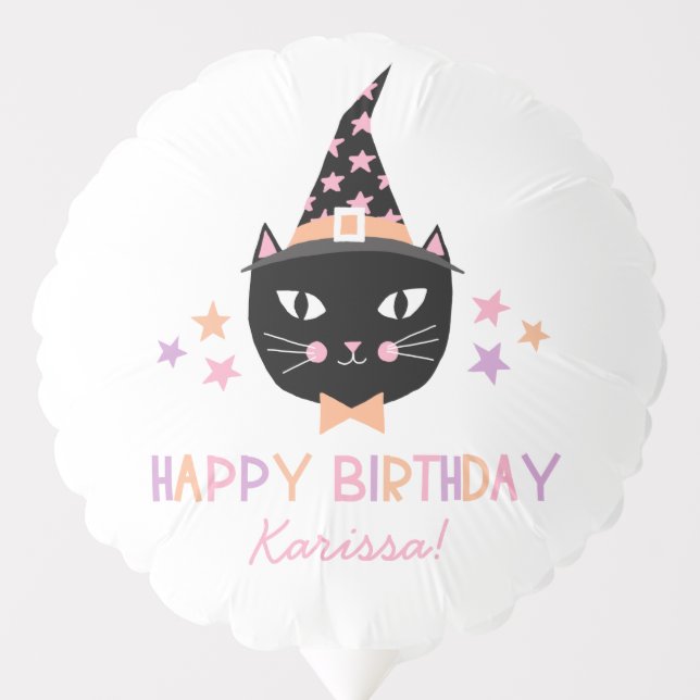 Cute Black Cat Witch Halloween Birthday Name Balloon (Front)