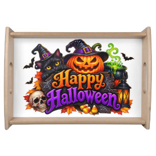 Cute Black Cat Witch Halloween Serving Tray