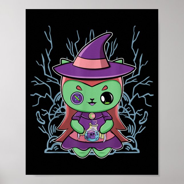Cute Black Cat Witch Hat And Magic Potion For Poster (Front)