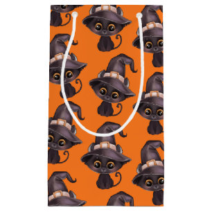 Cute black cat witch hat Halloween orange black Small Gift Bag