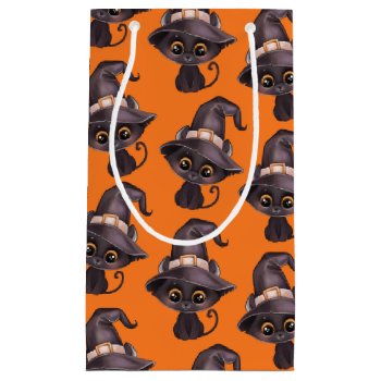 Cute Black Cat Witch Hat Halloween Orange Black Small Gift Bag by 17Minutes at Zazzle