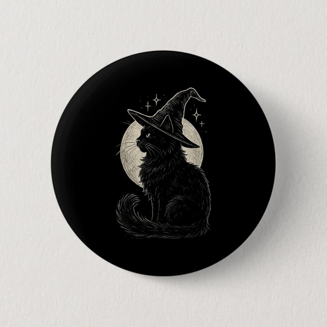 Cute Black Cat Witch Hat Moon Retro Coquette Boho  Button (Front)