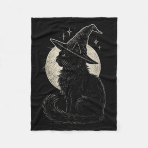 Cute Black Cat Witch Hat Moon Retro Coquette Boho  Fleece Blanket