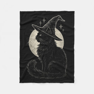 Cute Black Cat Witch Hat Moon Retro Coquette Boho Fleece Blanket