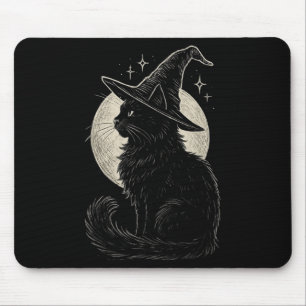 Cute Black Cat Witch Hat Moon Retro Coquette Boho Mouse Pad