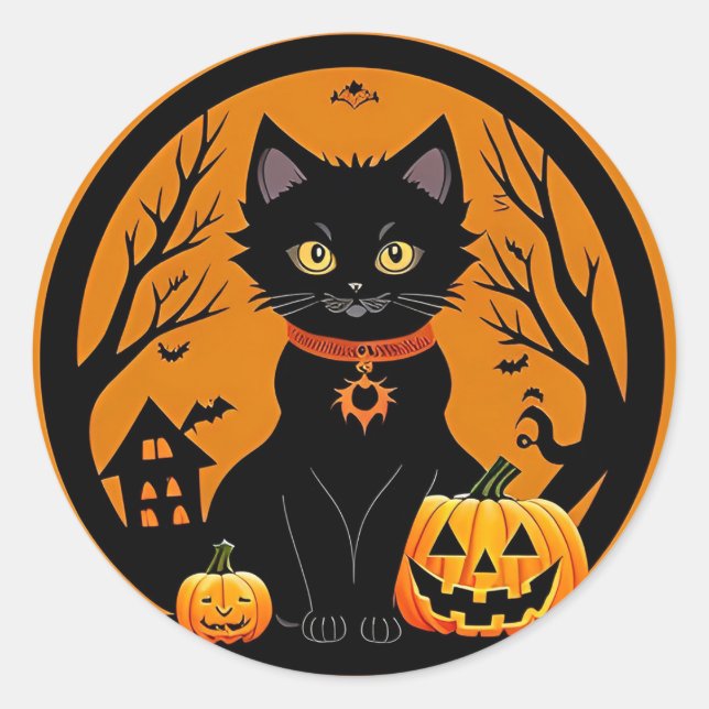 Cute Black Cat Witch Hat Pumpkin Halloween Scene Classic Round Sticker (Front)