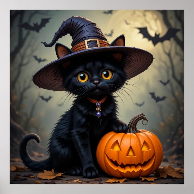 Cute Black Cat Witch Hat Spooky Halloween Poster (Front)