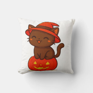 Cute Black Cat Witch on Pumpkin Halloween Throw Pillow