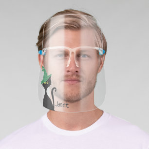 Cute Black Cat Witch Personalized Name Halloween Face Shield