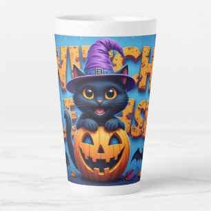 Cute Black Cat Witch Pumpkin Halloween 🐈⬛ Latte Mug