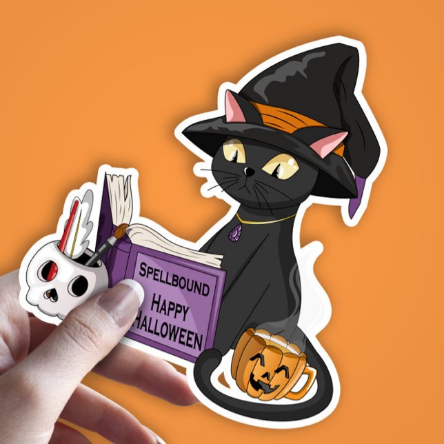 Cute Black Cat Witch Reading Spell Book Halloween Sticker (Creator Uploaded)