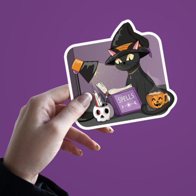 Cute Black Cat Witch Reading Spells Book Magical Sticker (Black Cat Reading a Spell Book Halloween Graphic)