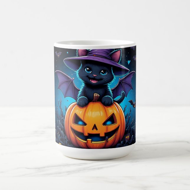 Cute Black Cat Witch Sitting on Jack O Lantern Coffee Mug (Center)