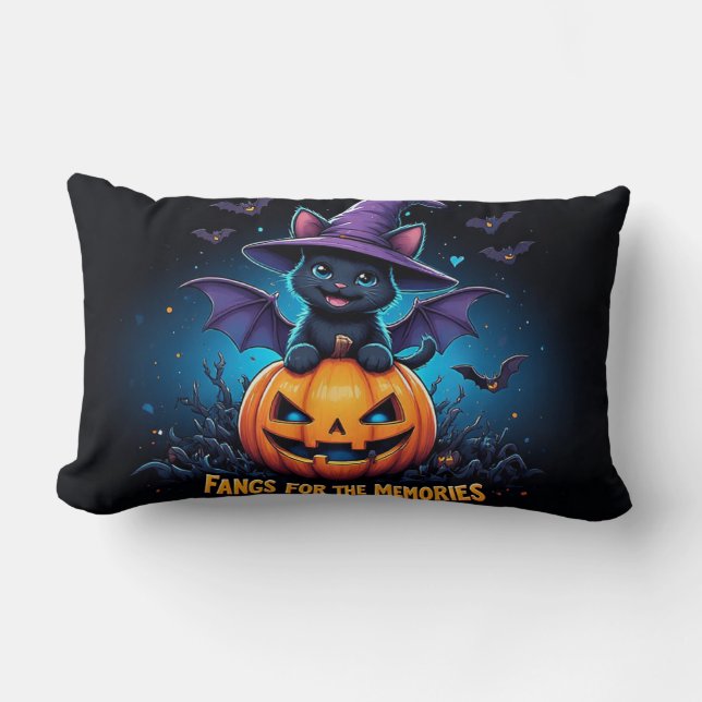 Cute Black Cat Witch Sitting on Jack O Lantern Lumbar Pillow (Front)