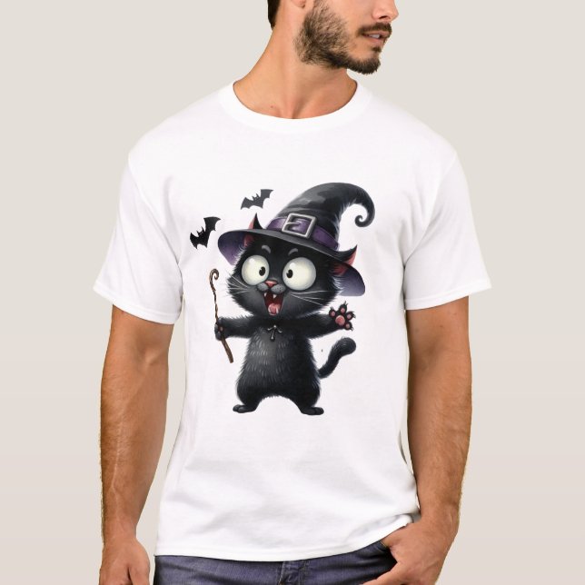 Cute Black Cat Witch with Magic Wand ✨🐾🧙 T-Shirt (Front)