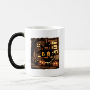 Cute Black Cat Witch with Pumpkin Bucket Color Morph Mug