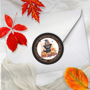 Cute Black Cat Witches Hat Circle Return Address Classic Round Sticker