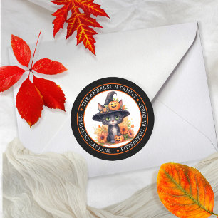 Cute Black Cat Witches Hat Circle Return Address Classic Round Sticker