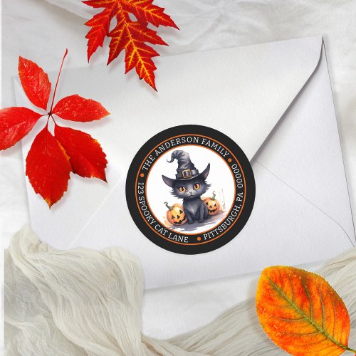 Cute Black Cat  Witches Hat Circle Return Address Classic Round Sticker