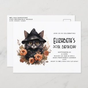 Cute Black Cat Witch's Hat Birthday Invitation Postcard