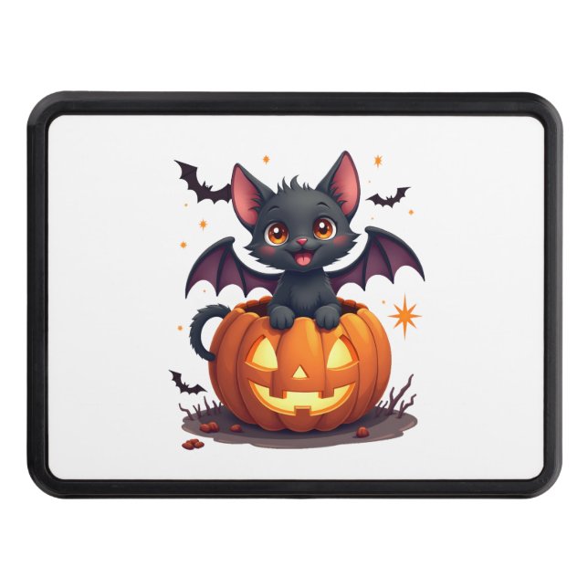 Cute Black Cat With Bat Wings Jack O Lantern Kitty Hitch Cover (Front)