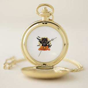 Cute Black Cat With Bat Wings Pumpkin Women Men Ha Pocket Watch